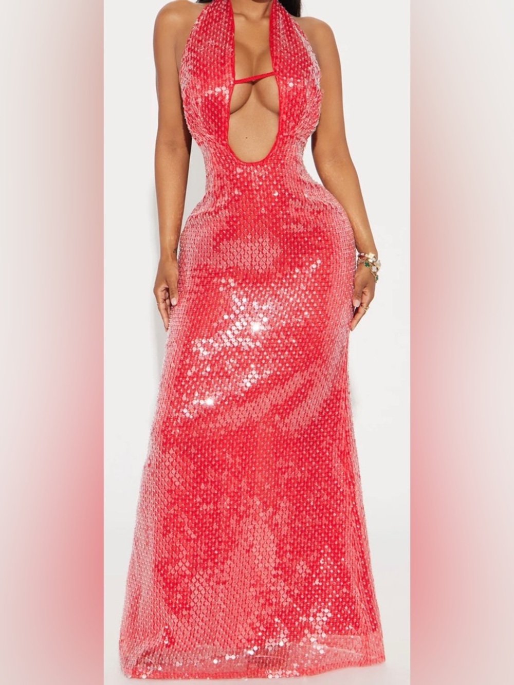 Red Sequin Halter Maxi Dress- Elegant Evening Glam